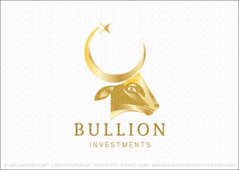 Golden Elegant Bullion Bull and Moon Logo For Sale Logo Mood