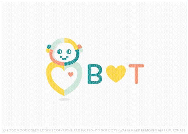 Colourful Heart Bot Robot Logo For Sale